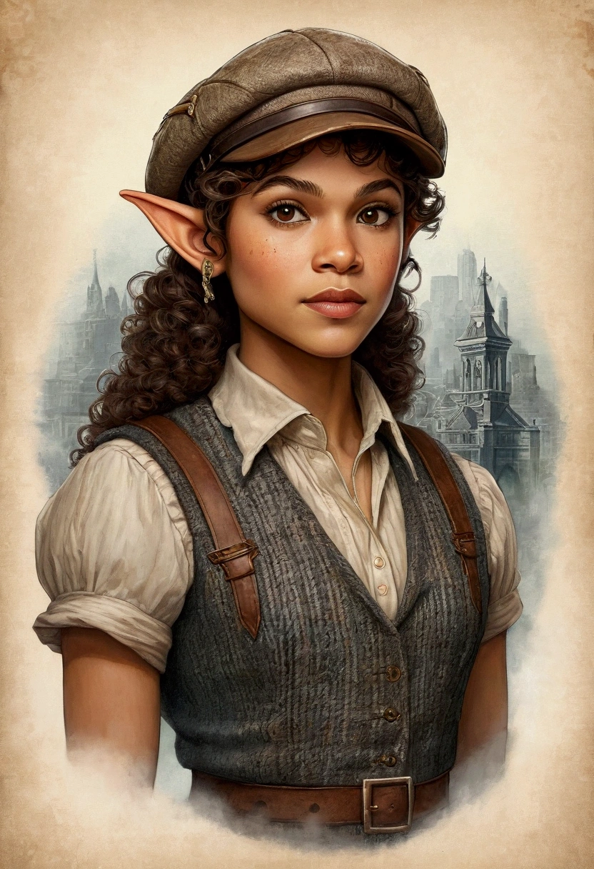 An illustrated movie poster, hand-drawn, full color, an elven maiden, wearing a tweed vest and a newsie cap, tall, toned, amazonian stature, athletic hourglass figure, long pointy elf ears, amber eyes, dark hair, curly bob cut, warm almond skintone, freckles, resembles Zendaya, standing on a foggy Victorian-era street corner, graphite shading, stencil marks, airbrushed acrylic paint, masterpiece, elf ears