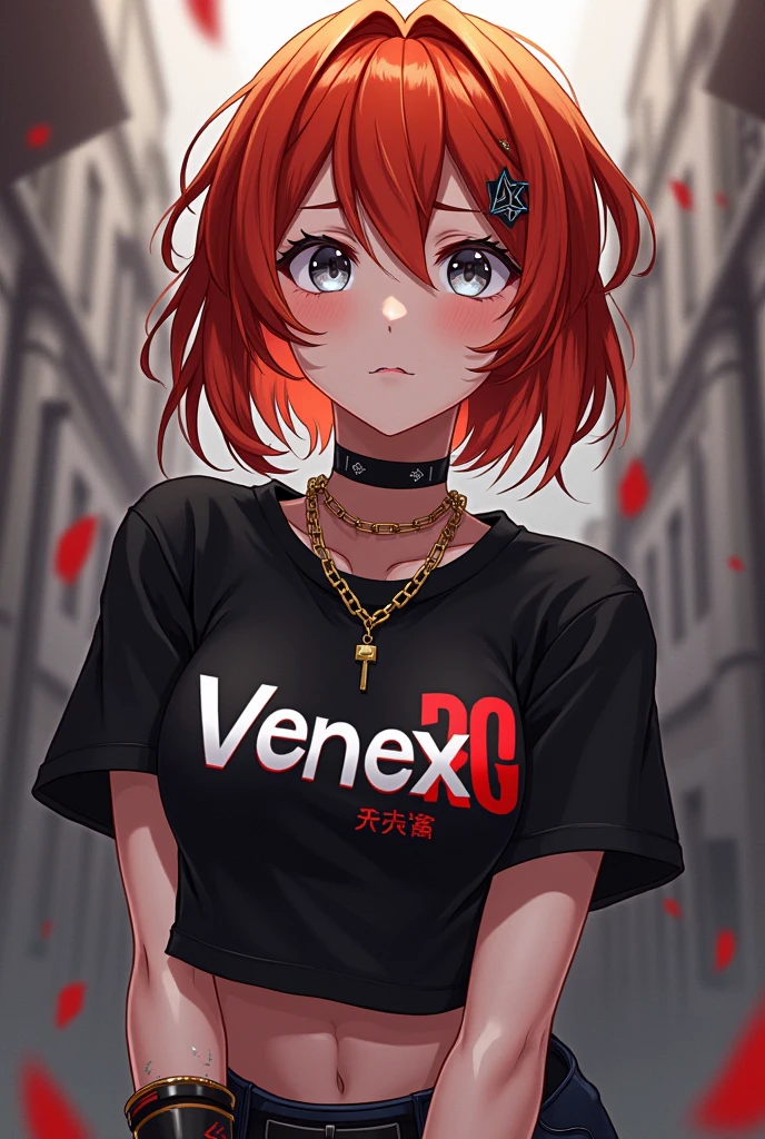 A half anime female character,with short ginger hair, with a shirt that says venex RG Red short, and chains on the waist with black gloves and chains on the hand and gray eyes with a pose, and with a model&#39;s body and looking up
