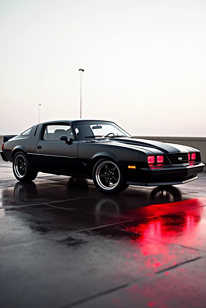 Plz generate the Ford Mustang 1980 in 1920 x 1080 pixel in high quality with the colour of blak and reflection of red in the road and remove background all cars