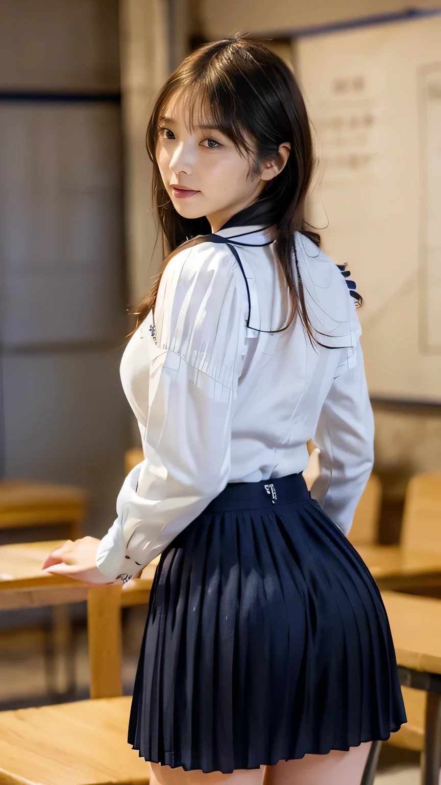 ((Highest quality、masterpiece、、Best image quality、Ultra-high resolution、Award-winning works)、(High School Uniform、White blouse、Navy blue pleated skirt:1.8)、(Accurate anatomy:1.1)、(classroom:1.2)、blue sky、((Rear View、Show me your ass:1.8))、(Look back at me and smile:1.1)、Ultra-high resolution for bright and fair skin、The most detailed face、Ultra-high resolution detailed face、Ultra-high resolutionの髪の毛、Ultra-high resolutionの煌めく瞳、Beautiful face drawn in every detail、(Blurred Background:1.1)、very bright and vivid、beautiful japanese actress face、Dimly lit classroom:1.1)、((whole body:1.6))、Beautiful breasts