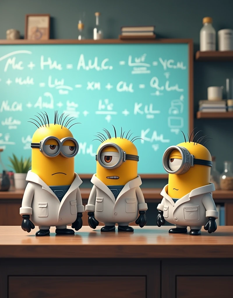 The laboratory is in a neat state., orderly. Minion Kevin, Bob and Stuart in scientist suits are gathered at a lab table., with a whiteboard behind filled with complex chemical formulas and detailed notes.
Kevin 2 eyes tall Bob 2 eyes short Stuart 1 eye