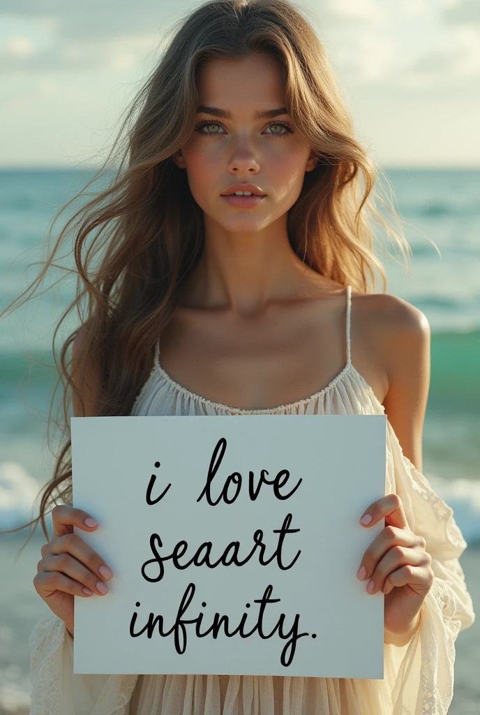 Beautiful girl with wavy long hair, bohemian dress, holding a white board with text "I Love Seaart Infinity" and showing it to the viewer