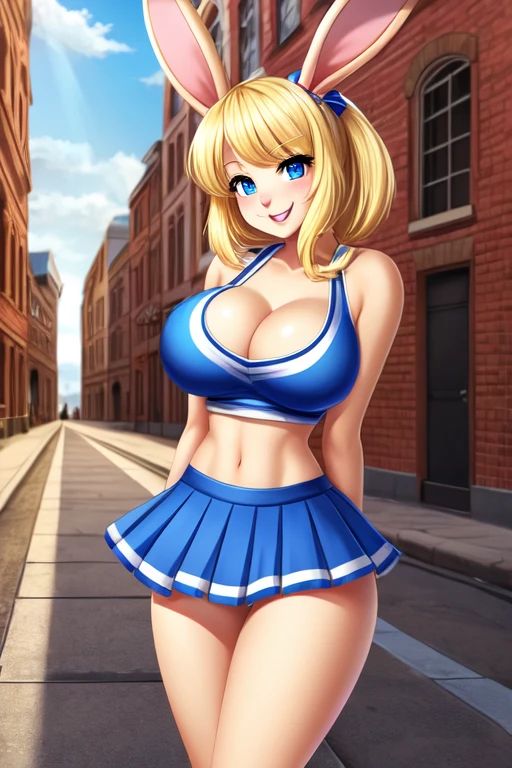 Rabbit girl High school cheerleader, solo, female, blonde hair, blue eyes, smiling, big breasts, cleavage, slim, small waist, small hips, european city, brick road, hands behind back, happy, looking at viewer, high quality