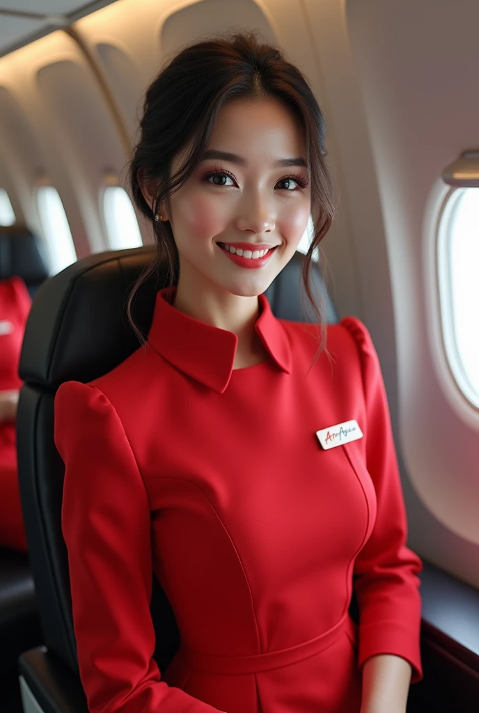 a beautiful woman wearing AirAsia's cabin crew uniform with post of smart