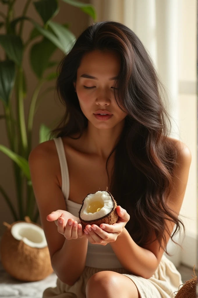 A woman applying coconut oil on her hair