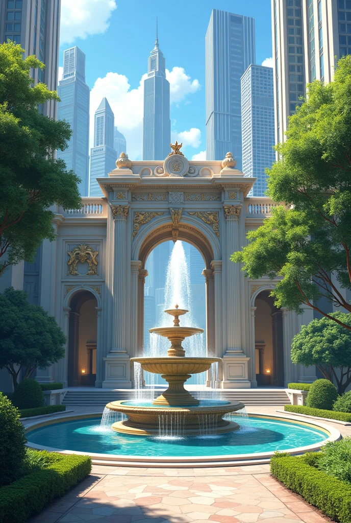 A city entrance with iconic design with fountain and background buildings skyscrapers greenary 