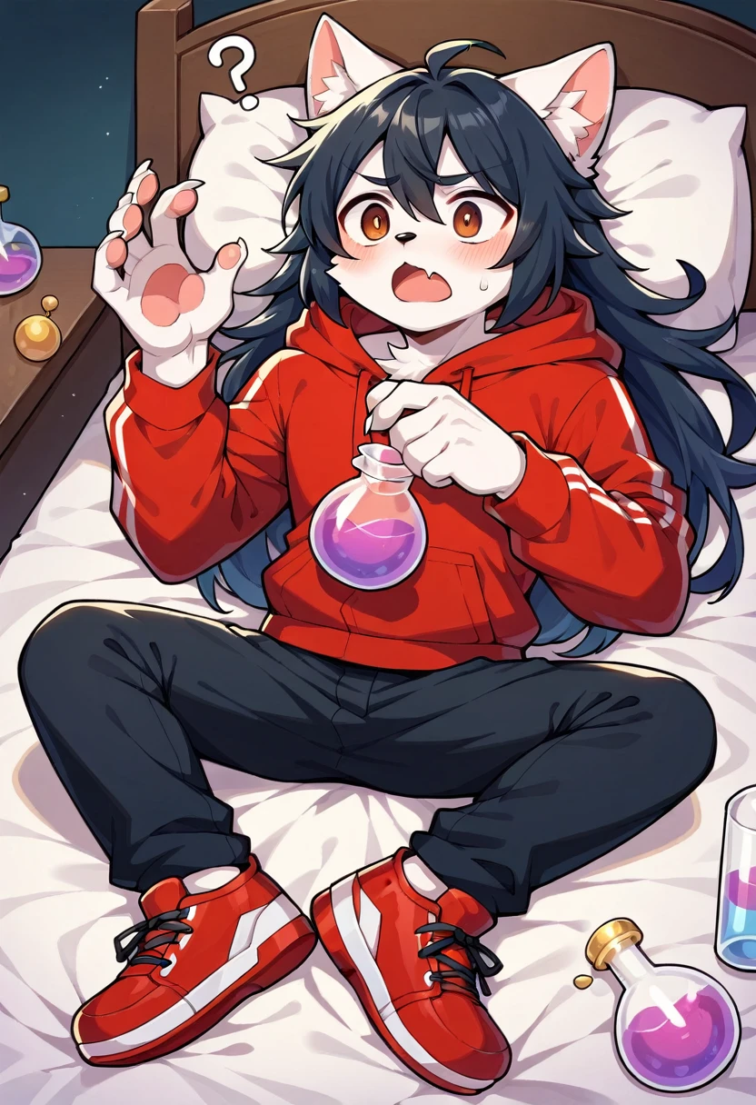 masterpiece, best quality, expressive eyes, perfect face, a man get transformed into a furry white cat , cat furry, white Fur, confused, blushed, black hair, long hair, red baseball cap with a withe M, red hoodie, black shirt, black pants, red sport shoes, brown eyes , Open mouth , full body, magic potion, shock, in a bed
