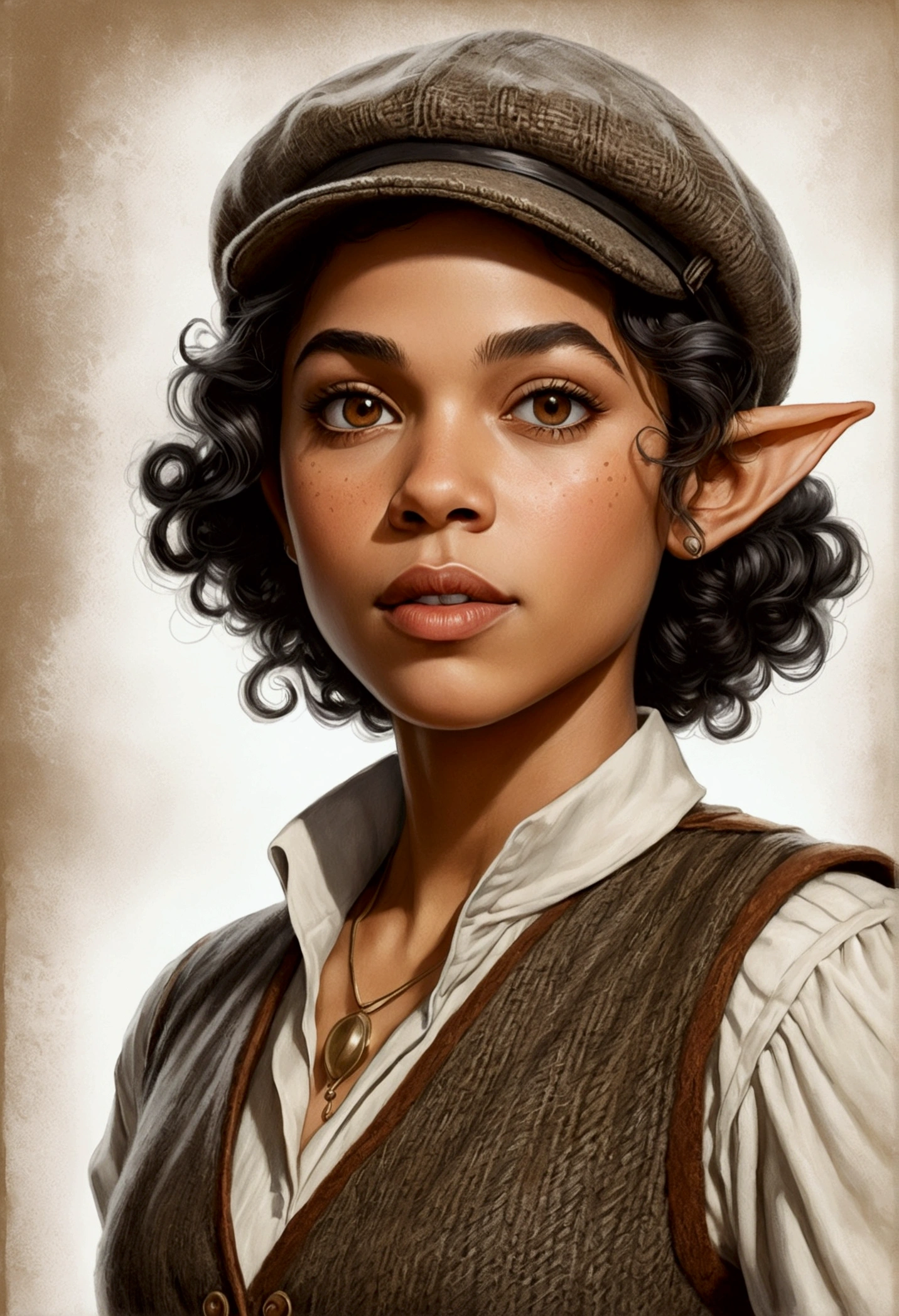 An illustrated movie poster, hand-drawn, full color, an elven maiden, wearing a tweed vest and a newsie cap, tall, toned, amazonian stature, athletic hourglass figure, long pointy elf ears, amber eyes, dark hair, curly bob cut, warm almond skintone, freckles, resembles Alexandra Shipp, standing on a foggy Victorian-era street corner, graphite shading, stencil marks, airbrushed acrylic paint, masterpiece, elf ears