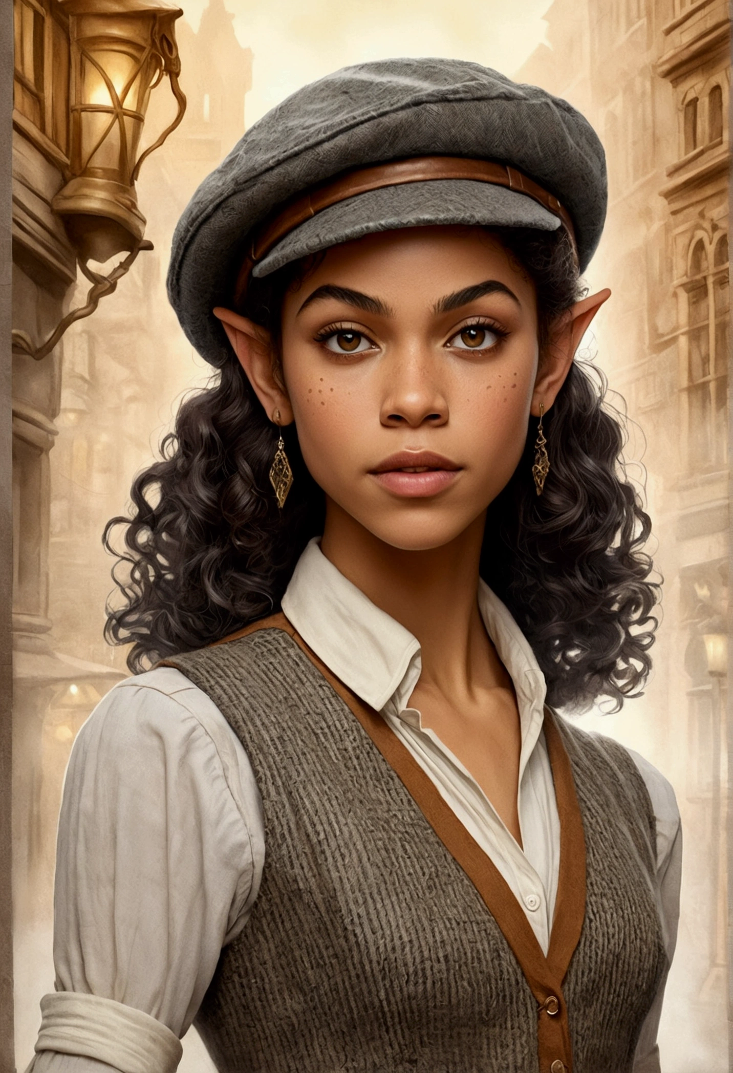 An illustrated movie poster, hand-drawn, full color, an elven maiden, wearing a tweed vest and a newsie cap, tall, toned, amazonian stature, athletic hourglass figure, long pointy elf ears, amber eyes, dark hair, curly bob cut, warm almond skintone, freckles, resembles Alexandra Shipp, standing on a foggy Victorian-era street corner, graphite shading, stencil marks, airbrushed acrylic paint, masterpiece, elf ears