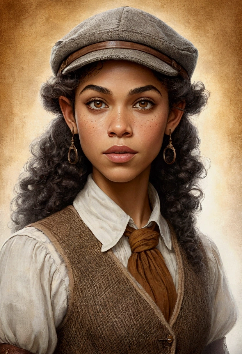 An illustrated movie poster, hand-drawn, full color, an elven maiden, wearing a tweed vest and a newsie cap, tall, toned, amazonian stature, athletic hourglass figure, long pointy elf ears, amber eyes, dark hair, curly bob cut, warm almond skintone, freckles, resembles Alexandra Shipp, standing on a foggy Victorian-era street corner, graphite shading, stencil marks, airbrushed acrylic paint, masterpiece, elf ears