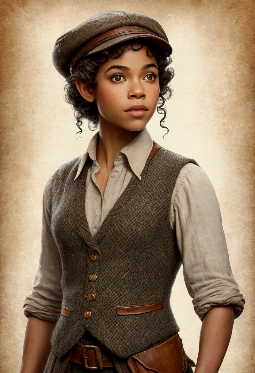An illustrated movie poster, hand-drawn, full color, an elven maiden, wearing a tweed vest and a newsie cap, tall, toned, amazonian stature, athletic hourglass figure, long pointy elf ears, amber eyes, dark hair, curly bob cut, warm almond skintone, freckles, resembles Alexandra Shipp, standing on a foggy Victorian-era street corner, graphite shading, stencil marks, airbrushed acrylic paint, masterpiece, elf ears