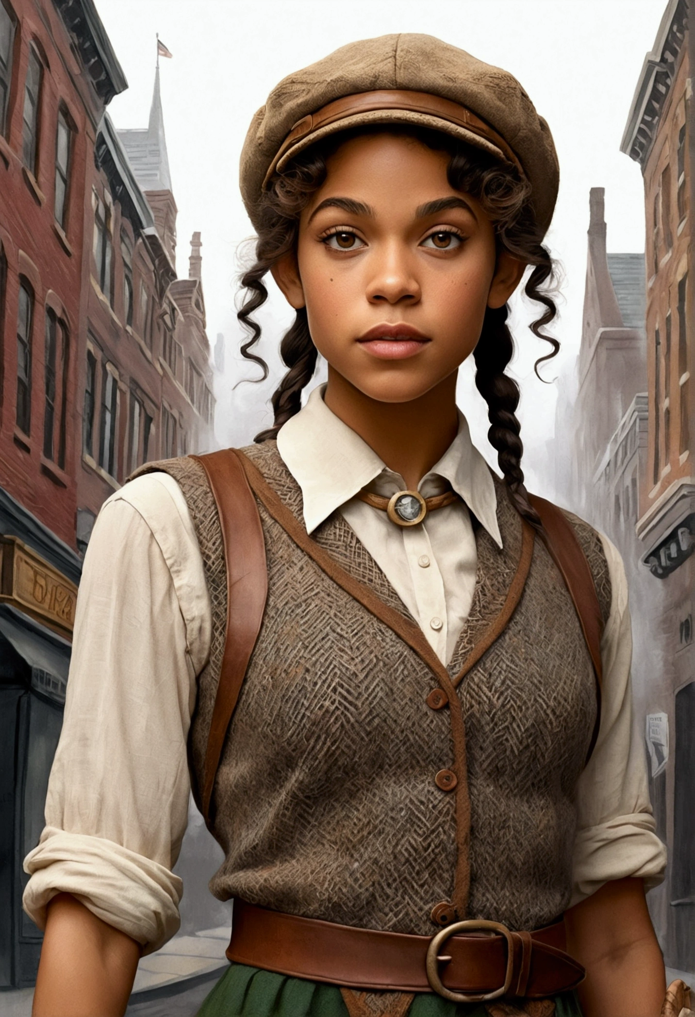 An illustrated movie poster, hand-drawn, full color, an elven maiden, wearing a tweed vest and a newsie cap, tall, toned, amazonian stature, athletic hourglass figure, long pointy elf ears, amber eyes, dark hair, curly bob cut, warm almond skintone, freckles, resembles Alexandra Shipp, standing on a foggy Victorian-era street corner, graphite shading, stencil marks, airbrushed acrylic paint, masterpiece, elf ears