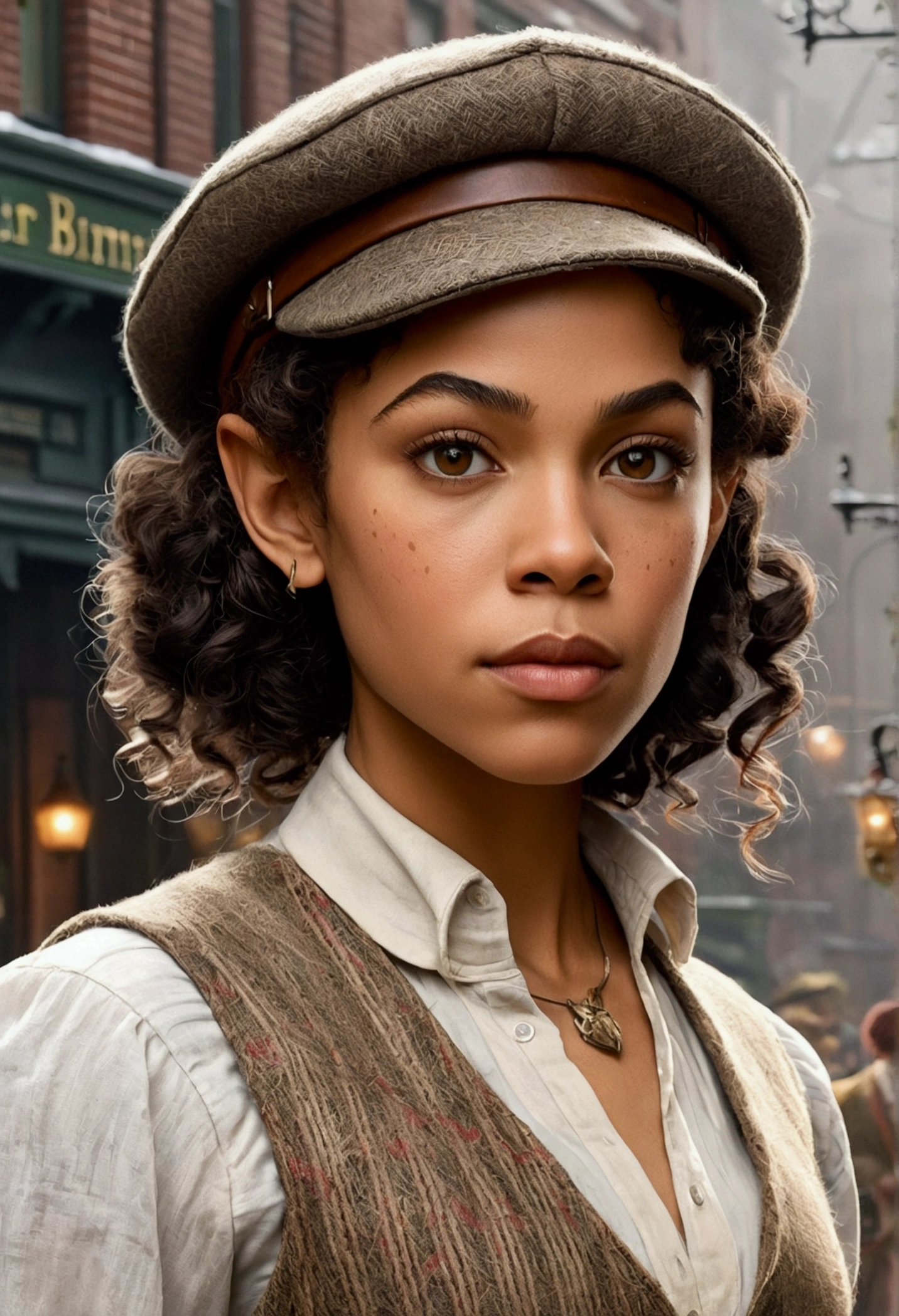 An illustrated movie poster, hand-drawn, full color, an elven maiden, wearing a tweed vest and a newsie cap, tall, toned, amazonian stature, athletic hourglass figure, long pointy elf ears, amber eyes, dark hair, curly bob cut, warm almond skintone, freckles, resembles Alexandra Shipp, standing on a foggy Victorian-era street corner, graphite shading, stencil marks, airbrushed acrylic paint, masterpiece, elf ears