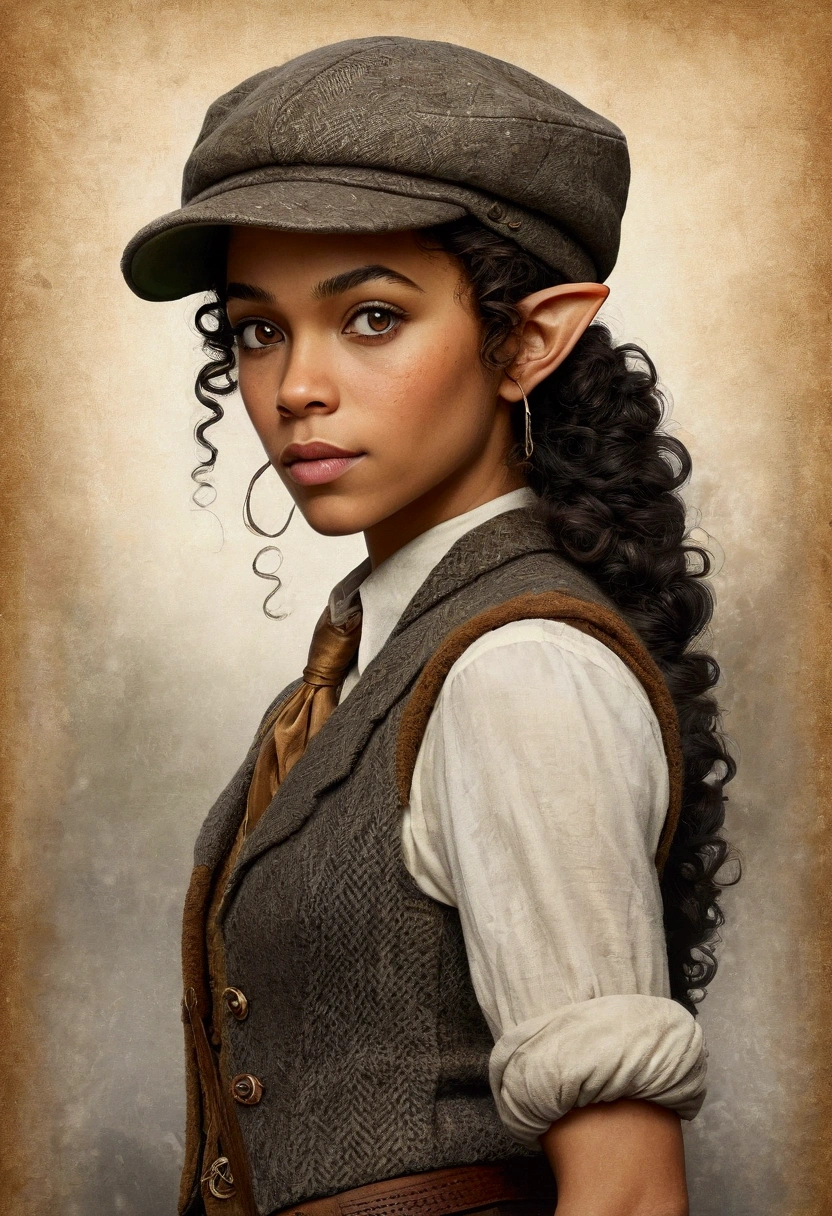An illustrated movie poster, hand-drawn, full color, an elven maiden, wearing a tweed vest and a newsie cap, tall, toned, amazonian stature, athletic hourglass figure, long pointy elf ears, amber eyes, dark hair, curly bob cut, warm almond skintone, freckles, resembles Alexandra Shipp, standing on a foggy Victorian-era street corner, graphite shading, stencil marks, airbrushed acrylic paint, masterpiece, elf ears