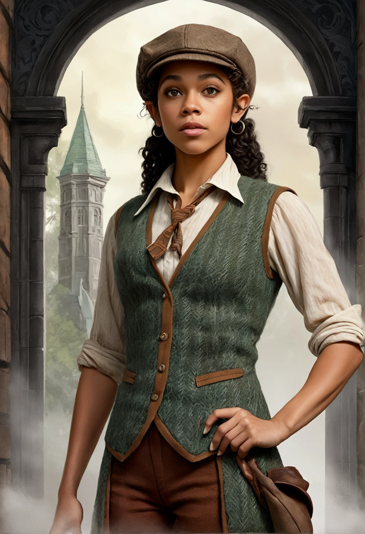 An illustrated movie poster, hand-drawn, full color, an elven maiden, wearing a tweed vest and a newsie cap, tall, toned, amazonian stature, athletic hourglass figure, long pointy elf ears, amber eyes, dark hair, curly bob cut, warm almond skintone, freckles, resembles Alexandra Shipp, standing on a foggy Victorian-era street corner, graphite shading, stencil marks, airbrushed acrylic paint, masterpiece, elf ears