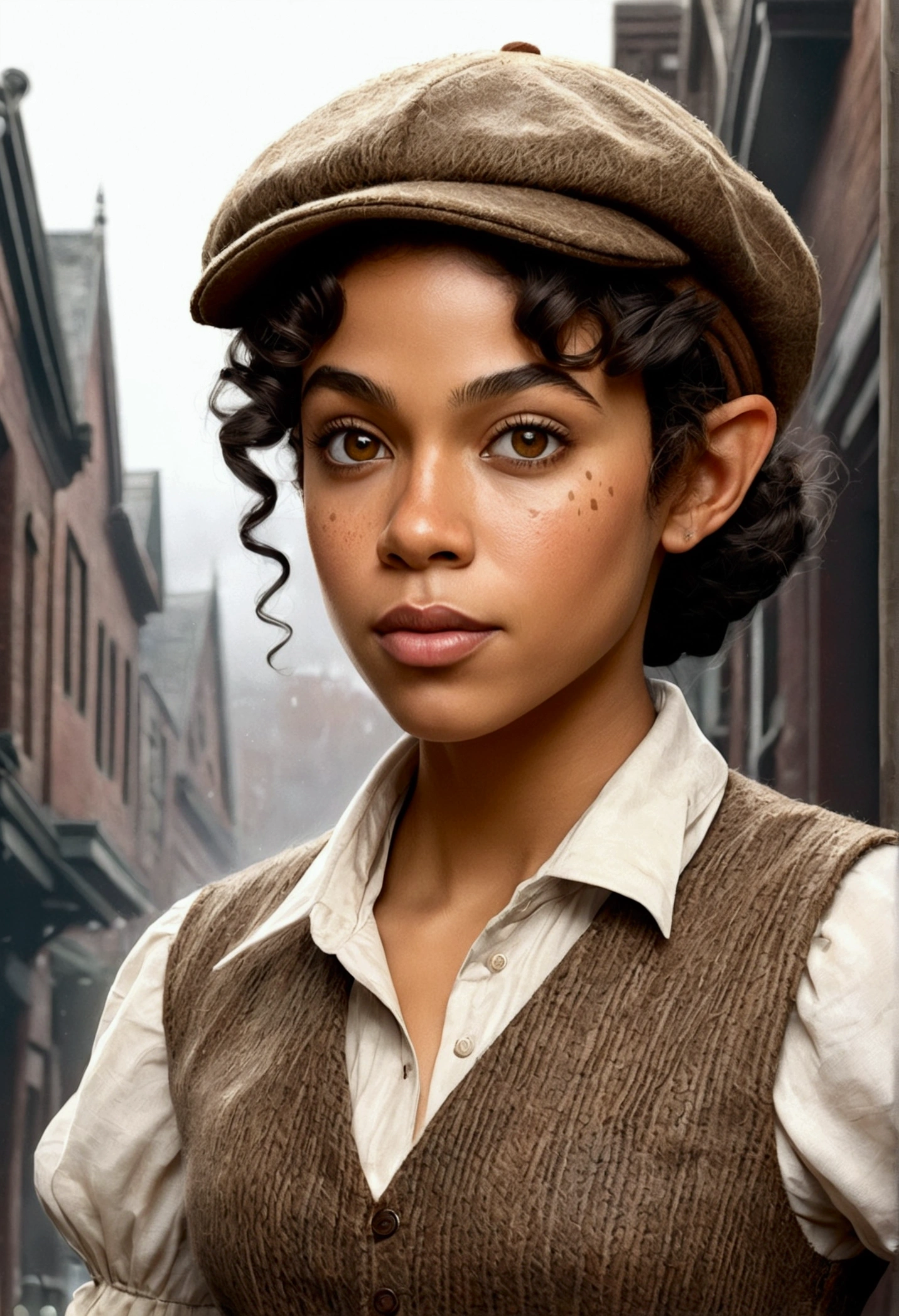 An illustrated movie poster, hand-drawn, full color, an elven maiden, wearing a tweed vest and a newsie cap, tall, toned, amazonian stature, athletic hourglass figure, long pointy elf ears, amber eyes, dark hair, curly bob cut, warm almond skintone, freckles, resembles Alexandra Shipp, standing on a foggy Victorian-era street corner, graphite shading, stencil marks, airbrushed acrylic paint, masterpiece, elf ears
