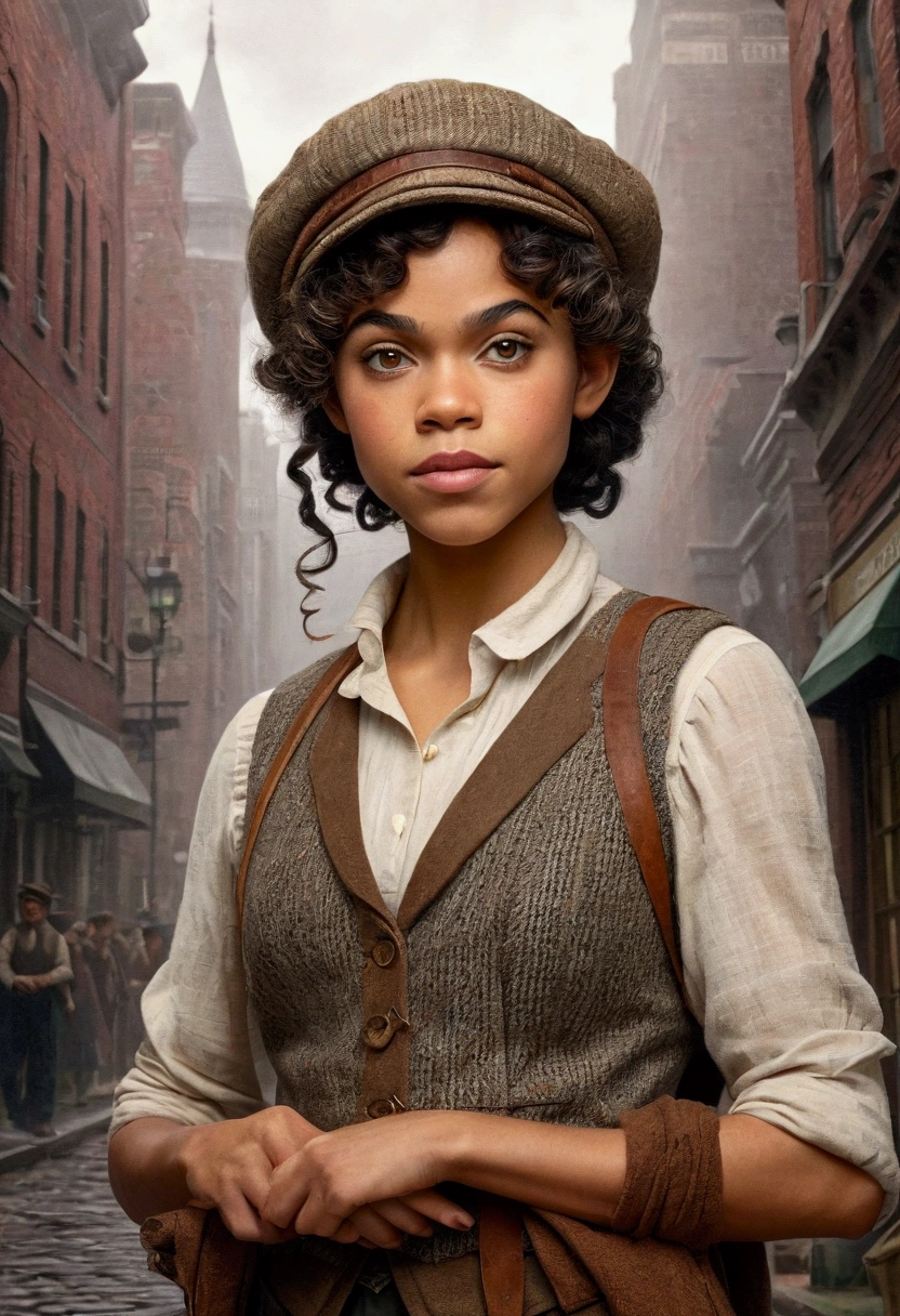 An illustrated movie poster, hand-drawn, full color, an elven maiden, wearing a tweed vest and a newsie cap, tall, toned, amazonian stature, athletic hourglass figure, long pointy elf ears, amber eyes, dark hair, curly bob cut, warm almond skintone, freckles, resembles Alexandra Shipp, standing on a foggy Victorian-era street corner, graphite shading, stencil marks, airbrushed acrylic paint, masterpiece, elf ears