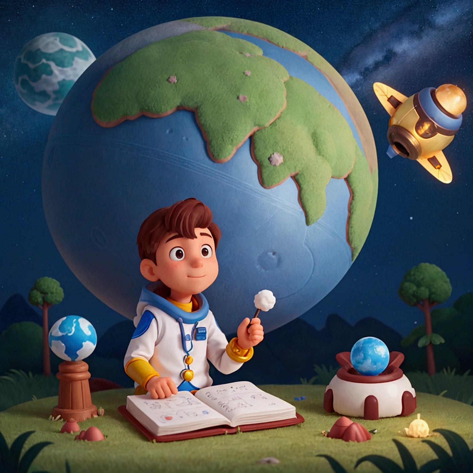 for each paragraph create an illustrative image of Chapter 1: The Little Astronaut Once Upon a Time, on a distant planet called Estelândia, a little astronaut named Leo. He dreamed of exploring space and discovering new worlds.. One day, while exploring his backyard, Leo found an abandoned rocket, covered in stardust. With bright eyes and a heart full of hope, he decided to fix it and go on a great adventure. Leo worked tirelessly, day and night, until the rocket was ready to take off. He studied old manuals and asked the village inventors for help.. With one last adjustment, he climbed aboard, pressed the colored buttons and, with a deafening bang, set off towards the stars. He flew among twinkling constellations, passing colorful moons and bright asteroids. Each stop was a new surprise: a planet made of sweets, where the trees were made of lollipops and the rivers were made of chocolate; a cotton candy forest, where the birds sang sweet melodies; and even a space station inhabited by friendly aliens who loved to tell stories of their distant galaxies. During your stops, Leo made detailed notes in his logbook, recording each discovery and drawing maps of the places he visited. He also collected samples of space rocks and exotic plants to take back to Estelândia..