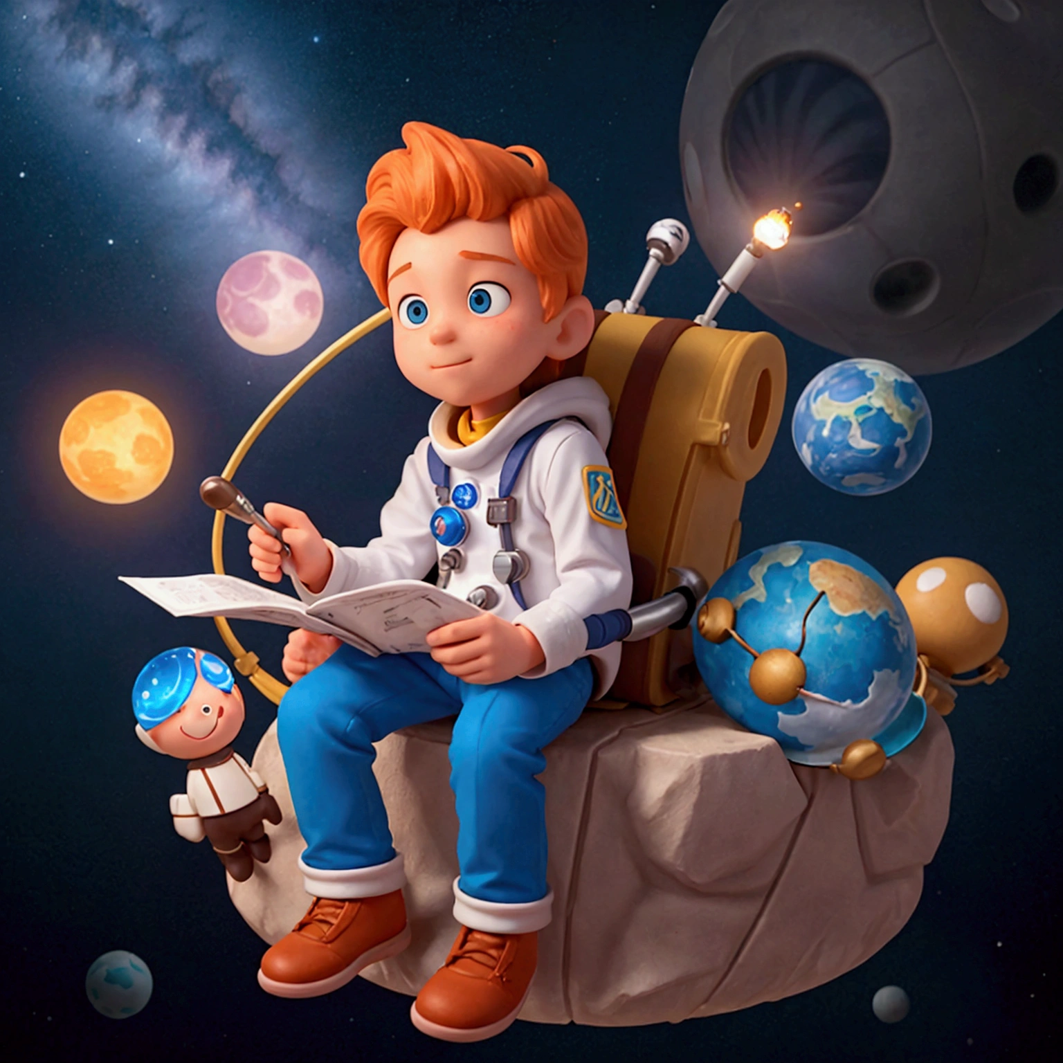 for each paragraph create an illustrative image of Chapter 1: The Little Astronaut Once Upon a Time, on a distant planet called Estelândia, a little astronaut named Leo. He dreamed of exploring space and discovering new worlds.. One day, while exploring his backyard, Leo found an abandoned rocket, covered in stardust. With bright eyes and a heart full of hope, he decided to fix it and go on a great adventure. Leo worked tirelessly, day and night, until the rocket was ready to take off. He studied old manuals and asked the village inventors for help.. With one last adjustment, he climbed aboard, pressed the colored buttons and, with a deafening bang, set off towards the stars. He flew among twinkling constellations, passing colorful moons and bright asteroids. Each stop was a new surprise: a planet made of sweets, where the trees were made of lollipops and the rivers were made of chocolate; a cotton candy forest, where the birds sang sweet melodies; and even a space station inhabited by friendly aliens who loved to tell stories of their distant galaxies. During your stops, Leo made detailed notes in his logbook, recording each discovery and drawing maps of the places he visited. He also collected samples of space rocks and exotic plants to take back to Estelândia..