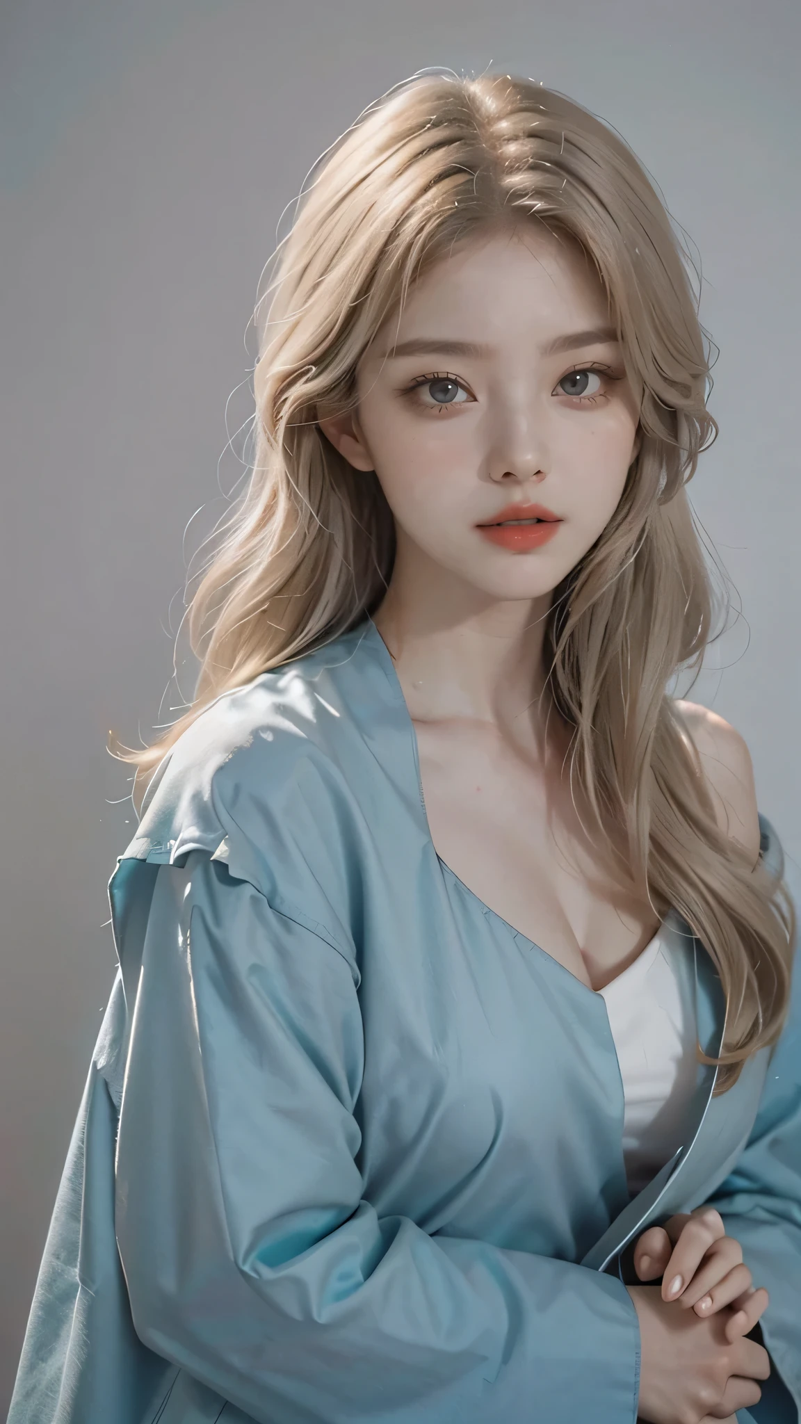 Girl wearing, luxury cyan coat, shoulder length hair, wavy hair, glowing skin, star in eye, red lips, grey background, cute poses , upper body, light blonde hair.