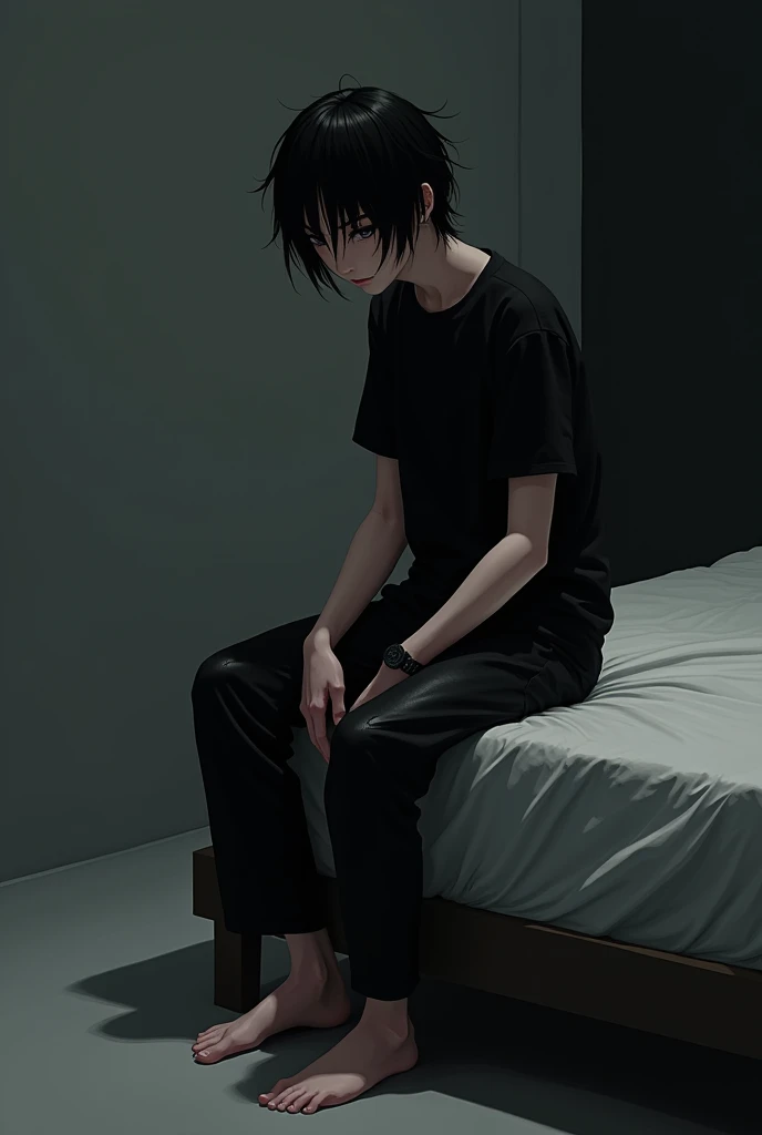 - Sitting on the edge of a bed with your feet on the floor - Legs slightly open and arms relaxed at the sides of the body - Back slightly leaning forward, with a relaxed posture but with a feeling of tension.
- Cold and distant look, with eyes slightly narrowed - Eyebrows slightly furrowed, with an expression of disinterest or disdain - Mouth slightly open, with a neutral expression - Black T-shirt, Long sleeves - Loose black leather pants - No shoes, barefoot - with just a simple watch on the wrist - Dim and cold lighting, with deep shadows in the room - Dark and neutral background, like a grey or black wall - Light comes from a side source, creating shadows on the face and body - Black and disheveled hair, with locks falling over the forehead - Dark eyes, with an intense and cold look - Pale skin, with a soft and slightly translucent texture