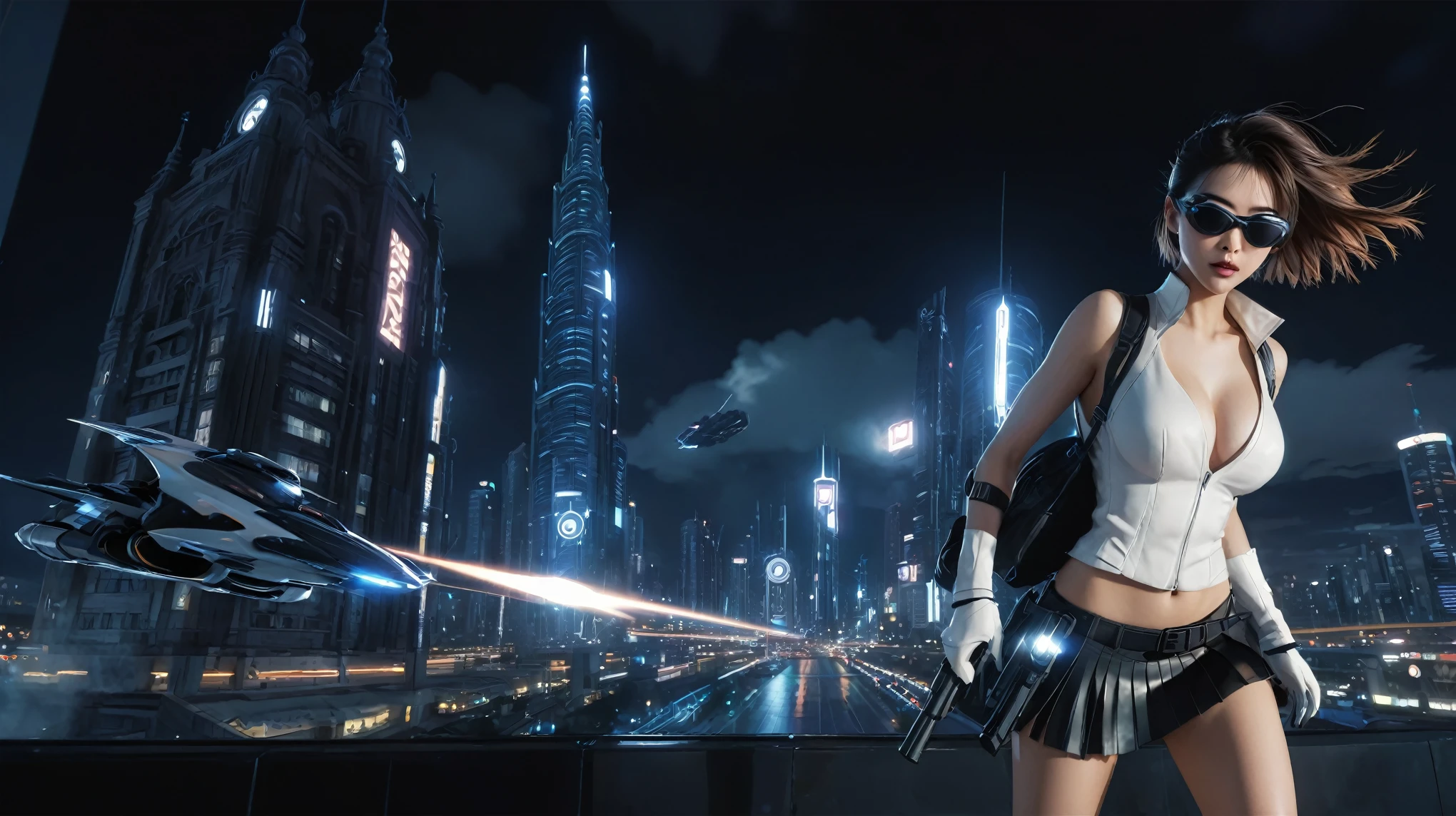 (Wide angle aerial view). At night, simple outlined cyberpunk city, flying cars, glowing ghost-like giant clock tower, lightning, line art background. At night, (1girl, solo, alone), photorealistic, large-breast slim:0.6 body, oval:0.5 face, cleavage:1.1, very low angle view of pleated miniskirt, deep-v, (upskirt), glove, (Matrix style black micro sunglasses), (aiming viewer with a short gun), dynamic running pose, (half-body thigh level close-up shot), cinematic lighting, ray tracing, motion blur background.