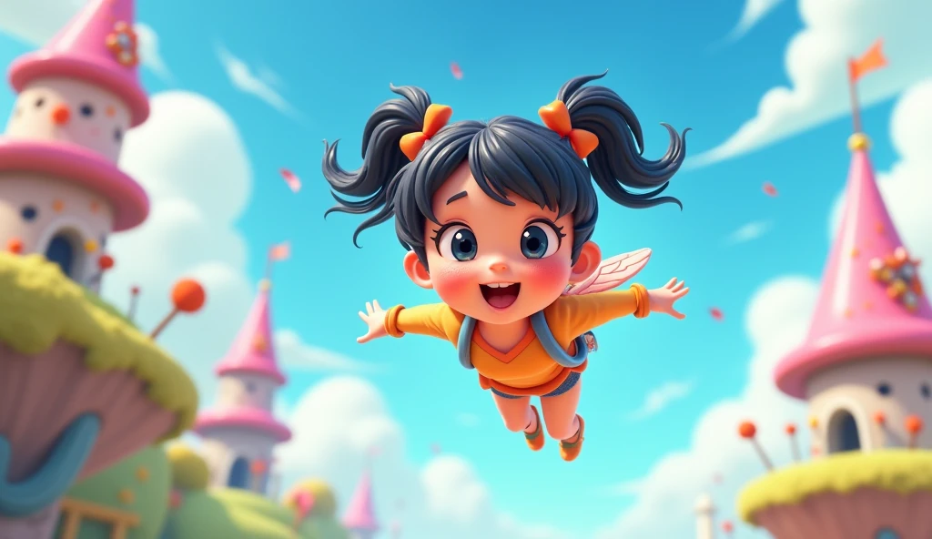 3d cartoon anime ; As she climbed higher, Kiko began to feel the joy of soaring through the air.