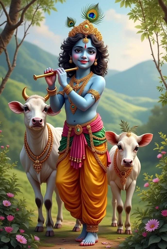 Lord krishna with little cow with flute, and with Gopi radhe