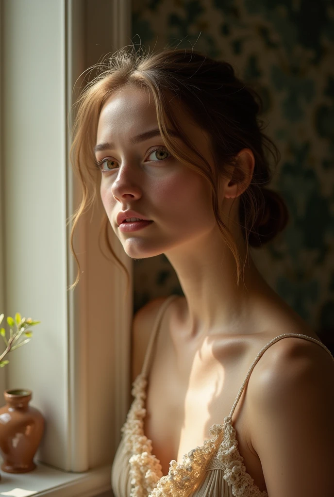 Set the camera to portrait mode, with low ISO (100-200) and a wide opening (f/1.4) for a blurred background and warm, natural lighting. Adjust the shutter speed to capture the young woman naturally, no smudges., The image should have a cinematic quality,