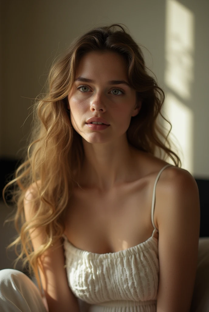 Set the camera to portrait mode, with low ISO (100-200) and a wide opening (f/1.4) for a blurred background and warm, natural lighting. Adjust the shutter speed to capture the young woman naturally, no smudges., The image should have a cinematic quality,