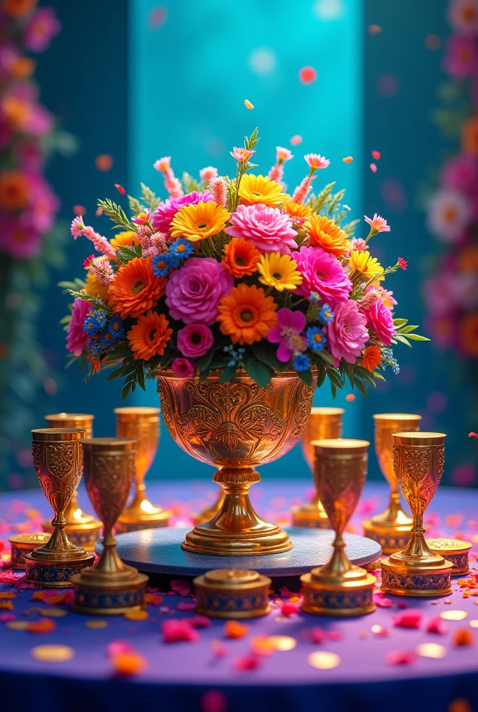 Use small trophies or medals as part of the centerpiece. Can arrange them around a central vase or bowl filled with flowers or greenery. Incorp royal blue, fuchsia, orange, yellow, dark turquoise blue color


