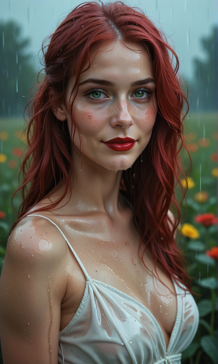 score_9, score_8_up, score_7_up, score_6_up, photorealistic, beautiful girl, red hair, freckles, green eyes, red lipstick, ((wet hair, wet skin)), wet white dress, in the rain, posing in the rain, smiling, downpour, in a field of flowers, looking at viewer, HDR