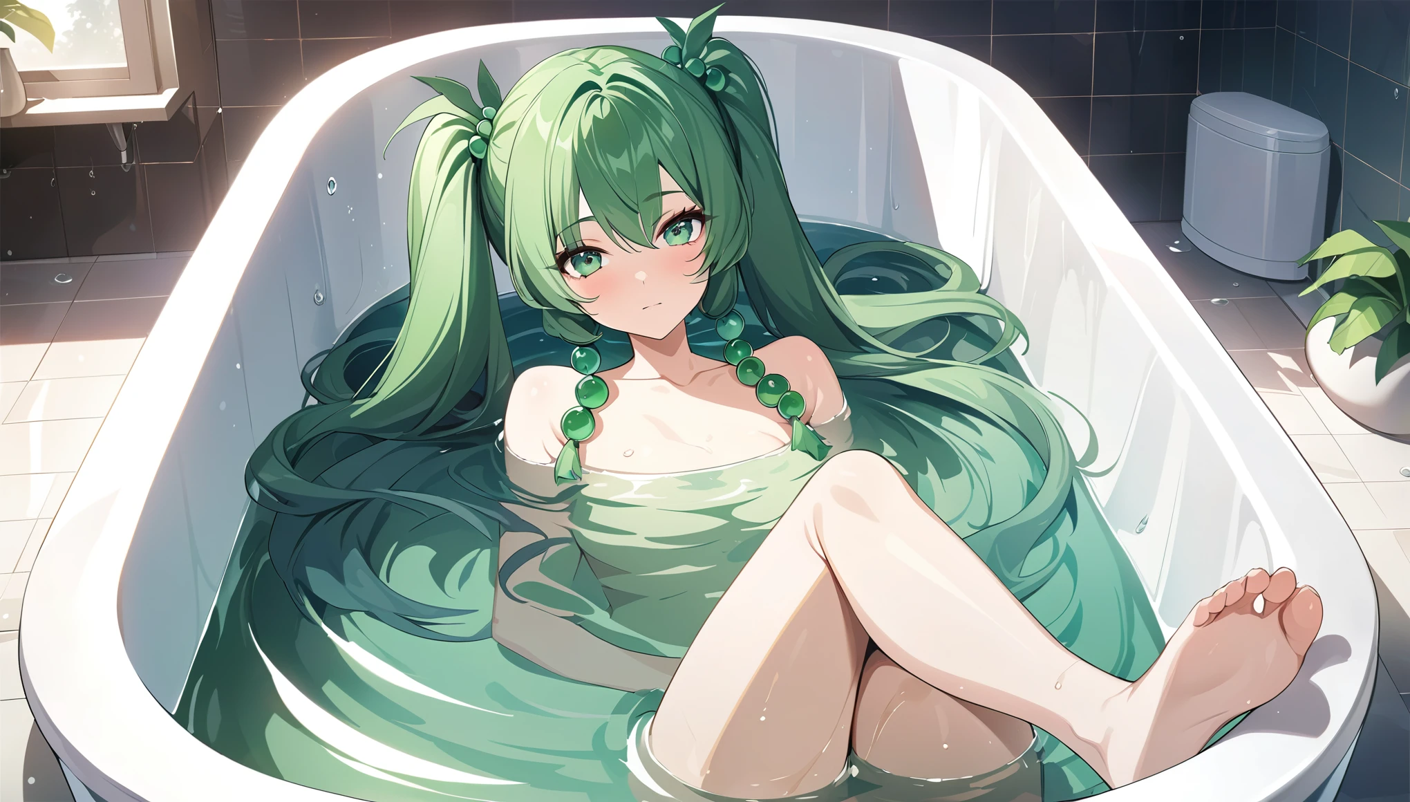 masterpiece,high resolution,Anime Art,Anime Numbers, 4k anime wallpaper,Soft Light,Radiant Skin,Looking at the camera,Solitary,An anime girl,Lying in the bathtub,hot water,一半身体在hot water里,Green twin ponytails,Green beads,Green eyes,Slender legs,bathroom