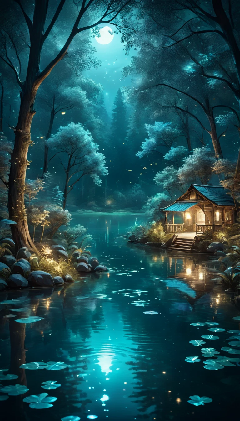 Evening Pond:1.5, ((Full shot:1.4)), ((beautiful lake at night in absolute darkness:1.5)), ((fireflies flying around illuminating the lake:1.5)), ((ultra detailed:1.5)), in the water reflects the lights of the fireflies:1.2, idyllic, dreamy, fantasy:1.3)), dark environment soft moonlight reflecting in the water, ultra-realistic 8k, portrait, highly detailed 32k digital art, beautiful work digital art, ((bluish, cyan, brown colors: 1.2)), realistic digital art in 8k, soft lighting, (( Highly detailed: 1.4), (( masterpiece )), ( Hyper detailed and beautiful: 1.3), (Photorealistic: 1.4)