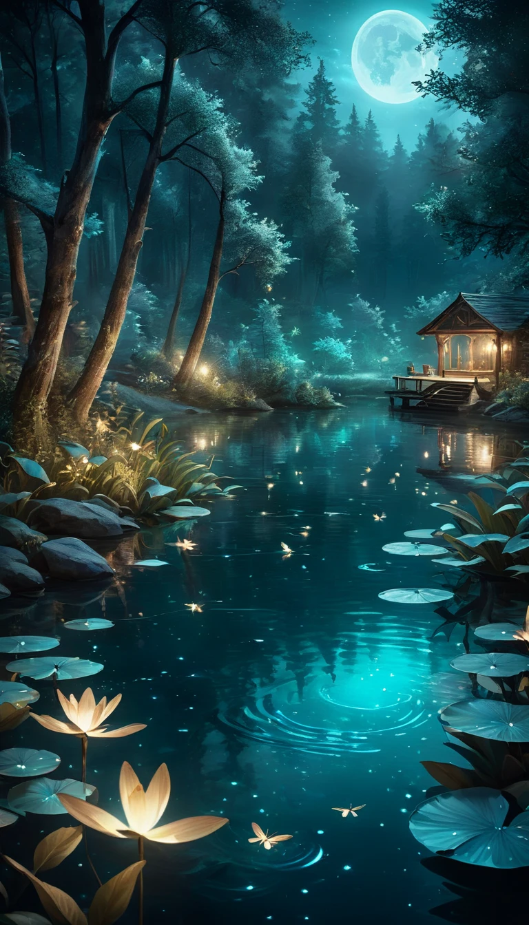 Evening Pond:1.5, ((Full shot:1.4)), ((beautiful lake at night in absolute darkness:1.5)), ((fireflies flying around illuminating the lake:1.5)), ((ultra detailed:1.5)), in the water reflects the lights of the fireflies:1.2, idyllic, dreamy, fantasy:1.3)), dark environment soft moonlight reflecting in the water, ultra-realistic 8k, portrait, highly detailed 32k digital art, beautiful work digital art, ((bluish, cyan, brown colors: 1.2)), realistic digital art in 8k, soft lighting, (( Highly detailed: 1.4), (( masterpiece )), ( Hyper detailed and beautiful: 1.3), (Photorealistic: 1.4)