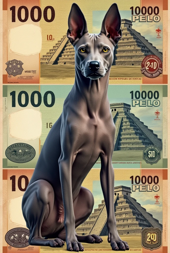Create an image of a 1000 peso bill with the image of a Xoloitzcuincle on the front and the Aztec empire on the back, The name of the ticket is Xolo, with an Aztec calendar as an anti-theft image. As real as possible but with good quality images 