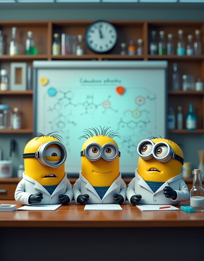  The laboratory is in a neat state., orderly. Minion Kevin, Bob and Stuart in scientist suits are gathered at a lab table., with a whiteboard behind filled with complex chemical formulas and detailed notes.
