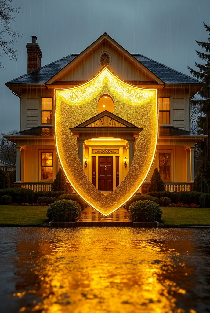 My waterproofing product called "Americas waterproof" , Protecting a house from rain or water leaks with a golden shield 