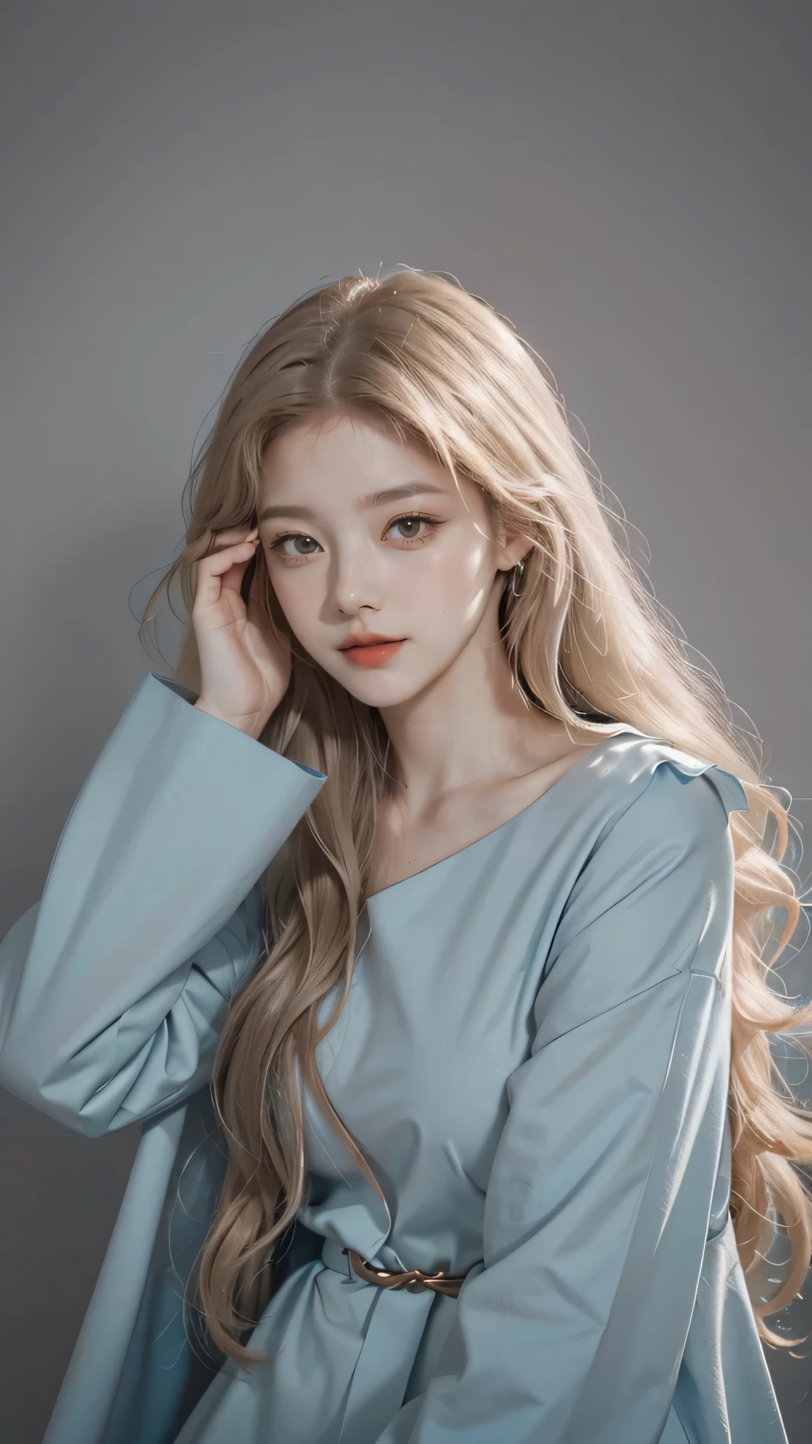 Girl wearing, luxury  cyan coat, shoulder length hair, wavy hair, glowing skin, star in eye, red lips, grey  background, cute poses , upper body, light blonde hair.