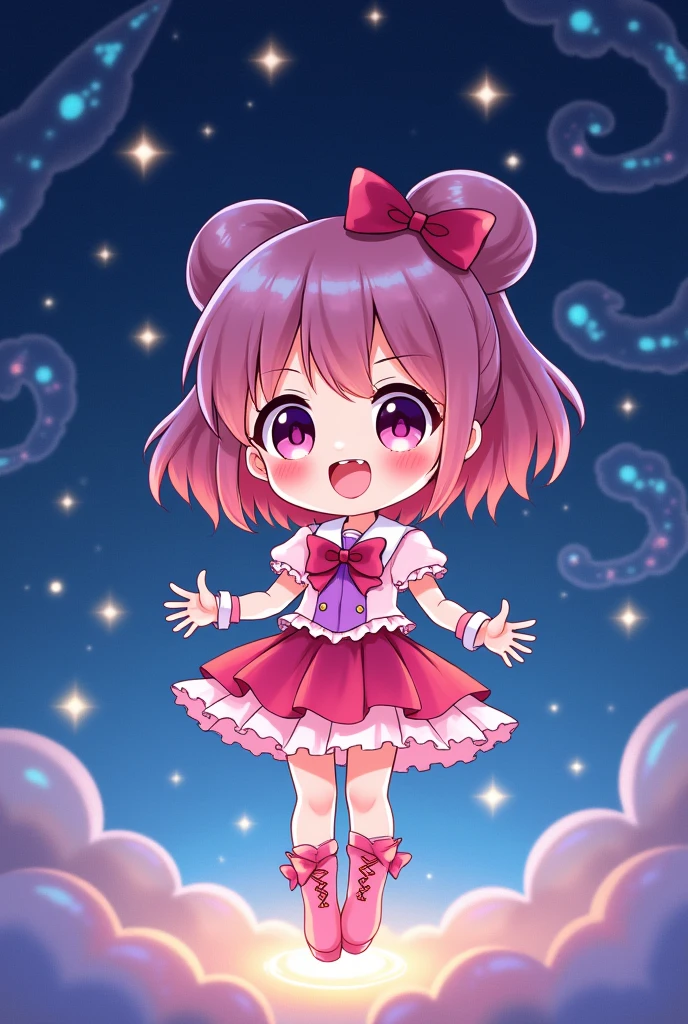 Place one small doll on a circular stand、kawaii pose、A smile、A dark-haired、Chibi Doll、Stars in the eyes（kirakira）、Raise your right hand、Eye Up、Laugh、Cute red shoes、Ultra Detail, radiant light、bio luminescent、Taken from the side、Stronger bokeh effect