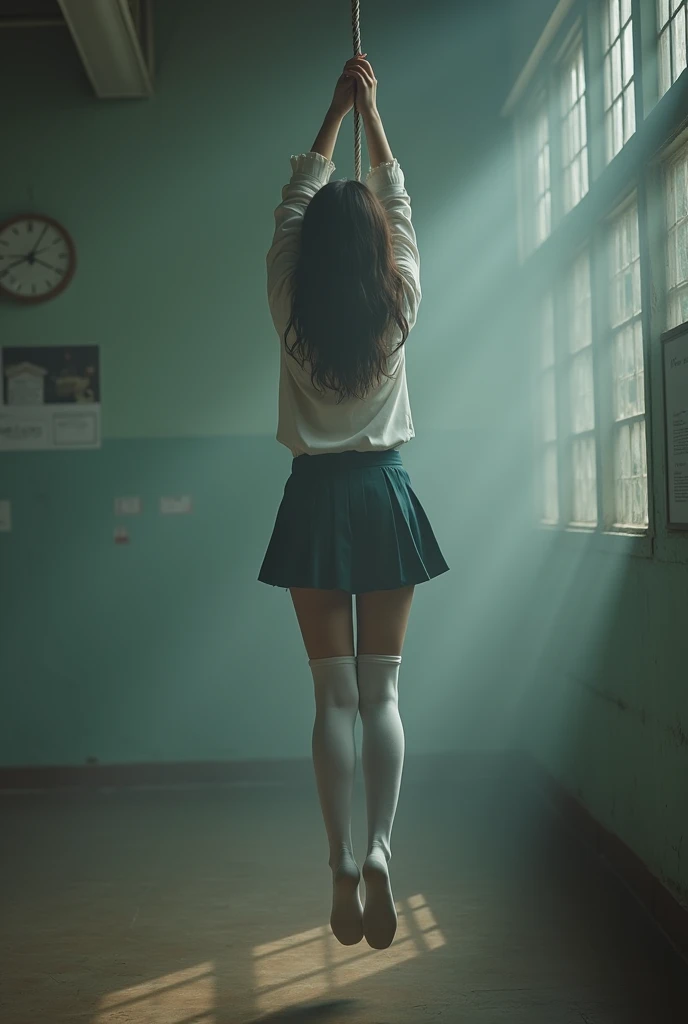 Scene of female student wearing white thigh high socks being hanged to death ,hovering in the air
