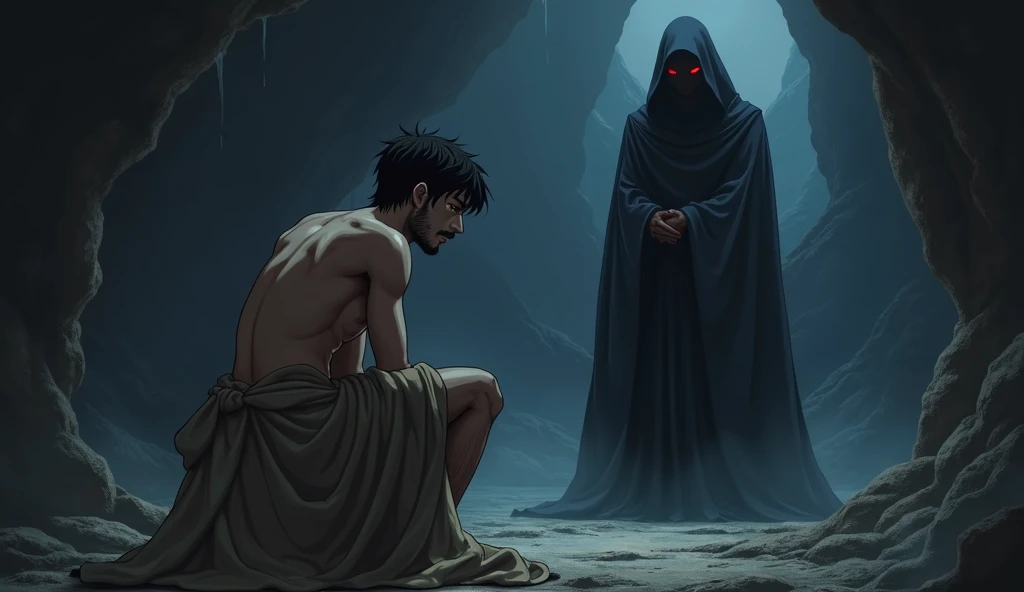 Fantasy Style. Inside a cave there is an attractive young man naked, covered only by a threadbare and dirty blanket. His appearance is that of an attractive, but dirty and disheveled young adult, with a stubble beard and a sad, disinterested expression on life. He is on his knees swearing allegiance to an attractive, tall dark lord with short black hair and red eyes, who is standing and wearing dark clothes and a hooded cloak that hides his face. Anime style. Medieval Fantasy.