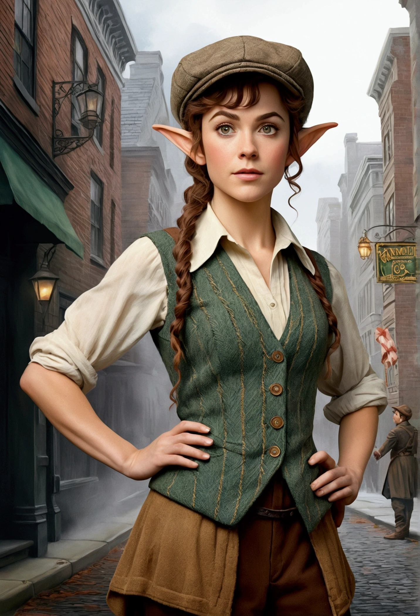 An illustrated movie poster, hand-drawn, full color, an elven maiden, wearing a tweed vest and a newsie cap, tall, toned, amazonian stature, athletic hourglass figure, long pointy elf ears, amber eyes, dark hair, curly bob cut, warm almond skintone, freckles, resembles Genevieve O'Reilly, standing on a foggy Victorian-era street corner, graphite shading, stencil marks, airbrushed acrylic paint, masterpiece, elf ears