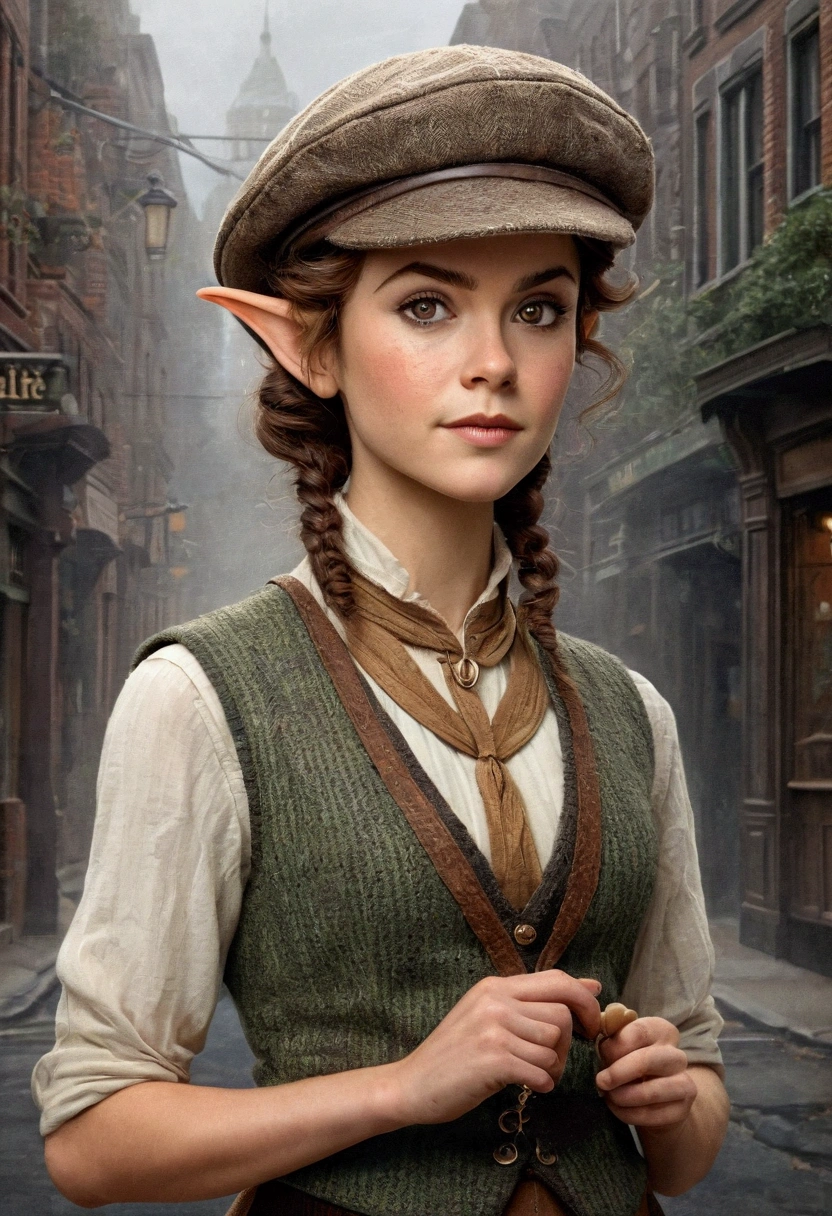 An illustrated movie poster, hand-drawn, full color, a teenage elven girl, wearing a tweed vest and a newsie cap, athletic hourglass figure, long pointy elf ears, dark hair, messy shaggy bob cut, rosy skin, freckles, resembles Margaery Tyrell, standing on a foggy victorian-era street corner, graphite shading, stencil marks, airbrushed acrylic paint, masterpiece, in the style of the Sherlock Holmes, elf ears