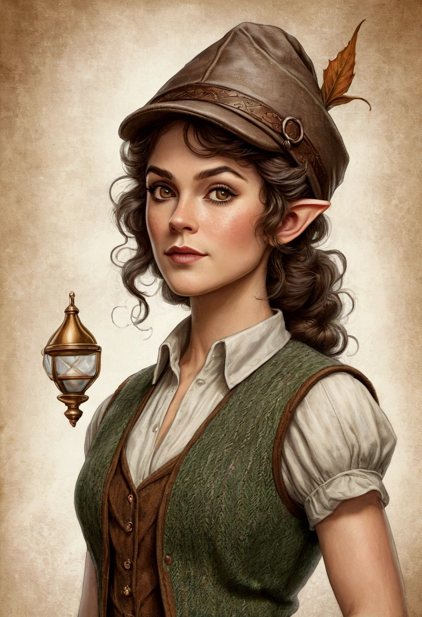 An illustrated movie poster, hand-drawn, full color, an elven maiden, wearing a tweed vest and a newsie cap, tall, toned, amazonian stature, athletic hourglass figure, long pointy elf ears, amber eyes, dark hair, curly bob cut, warm almond skintone, freckles, resembles Genevieve O'Reilly, standing on a foggy Victorian-era street corner, graphite shading, stencil marks, airbrushed acrylic paint, masterpiece, elf ears