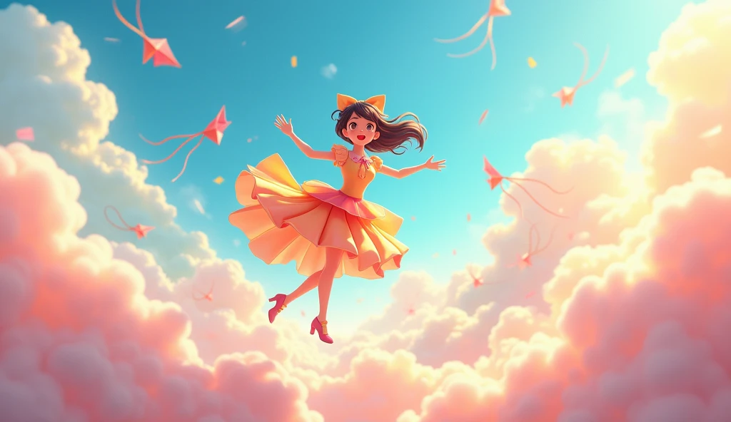 3d cartoon anime ;She twirled and danced among the clouds, her colors shining brightly in the sunlight. The other kites noticed her and cheered her on, impressed by her courage.