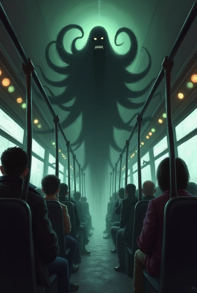 An evil dark shadow with many octopus-like arms sitting and staring from the back of a public bus