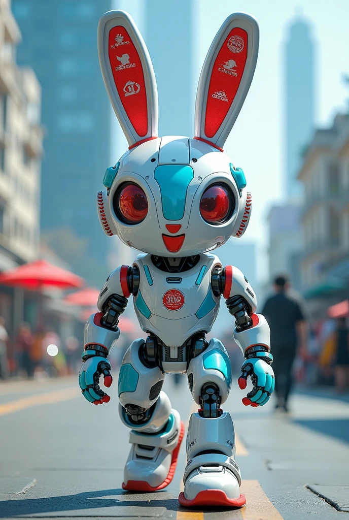 Base Concept**
   - **Character Name:** Step Bunny - **classification:** Mechanical Rabbit 2. **Physical Features**
   - **ear:** Red insole design。With metallic texture、Emphasise the technology。
   - **body:** Slim and streamlined shape。Active and agile design。2 heads。

3. **Clothing and style**
   - **Costume:** A style based on sportswear。Adds a futuristic feel to T-shirts and shorts while still allowing for ease of movement。Where I&#39;m Running - **accessories:** Colorful bracelets and headbands。ブランドロゴをaccessoriesの一部として組み込み、Achieve visual brand alignment。

4. **color**
   - **main color:** Blue or silver（Creating a mechanical feel）
   - **accent color:** Red（インソールearやaccessoriesに使用）

5. **Target Audience**
   - **Age range:** 30th Generation〜Making it relatable to people in their 50s - **Activity:** People who like exercise々Designed for people who spend a lot of time standing