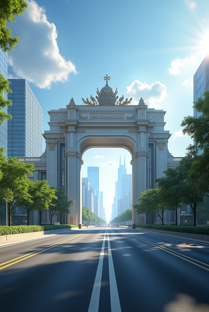 A city entrance on highway with iconic design  and background buildings skyscrapers greenary 