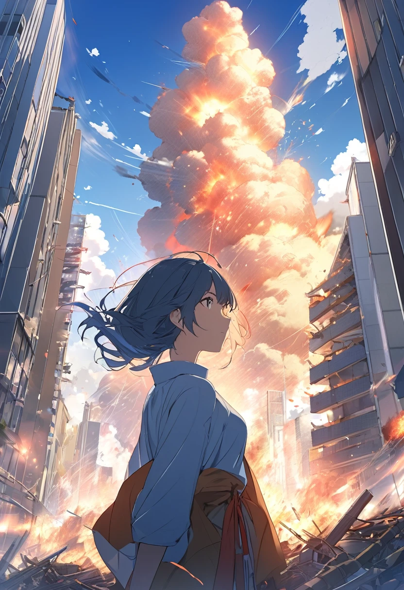 High definition、high resolution、Masterpiece、Japanese castles collapse、blue sky、City、Osaka City、Big Explosion、City、fire、Woman gazing in the distance、Makoto Shinkai style、